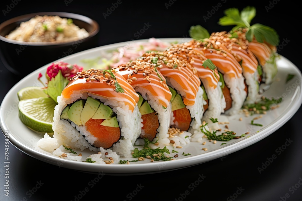 Salmon sushi, avocado and cream cheese., generative IA Salmon sushi, avocado and cream cheese., generative IA