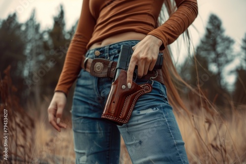Woman with Jean Holster Standing Outdoors Wearing Her Armed Handgun