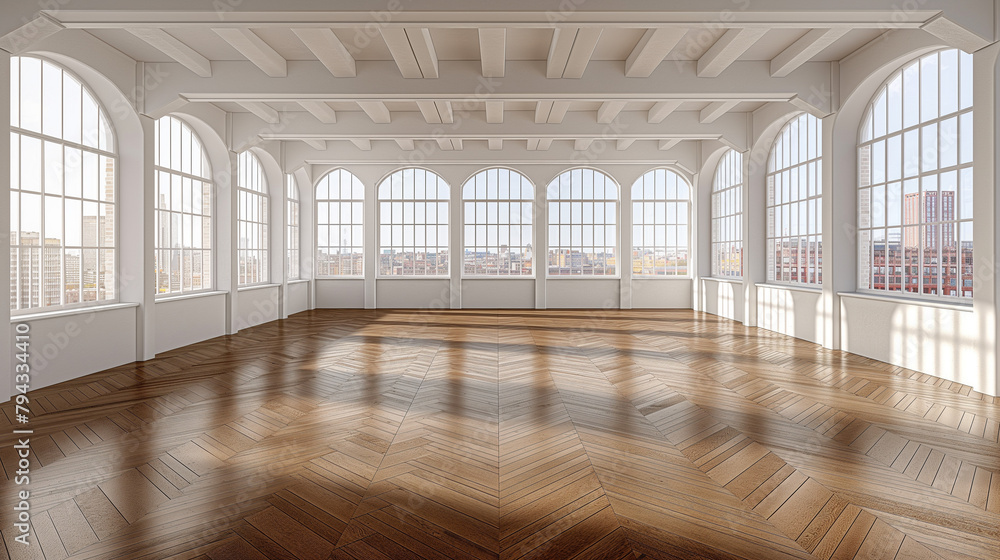 A large, empty room with a lot of windows and a wooden floor