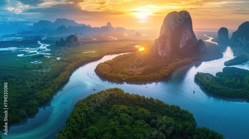 Panoramic Aerial View of Phang Nga Bay at Sunrise. Stunning Thai Seascape with Rivers and Landmarks photo