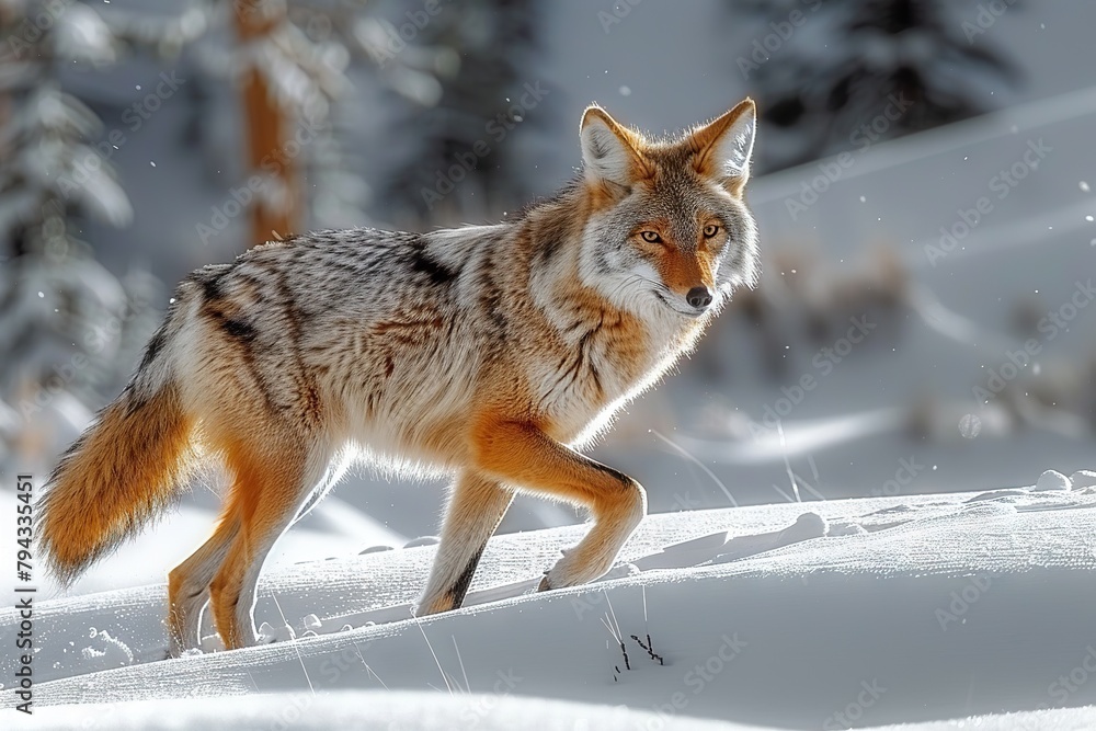 Fototapeta premium Yellowstone Wolf Pack Surveys Snowy Landscape in Wyoming