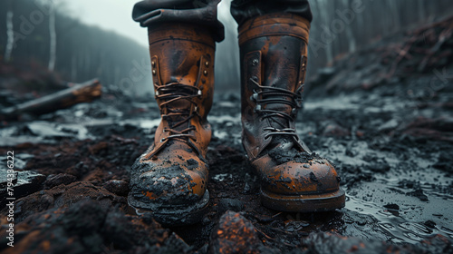 Muddy boots on a wet, forest trail