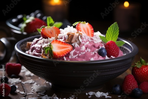 Acai bowl with strawberries and grated coconut., generative IA