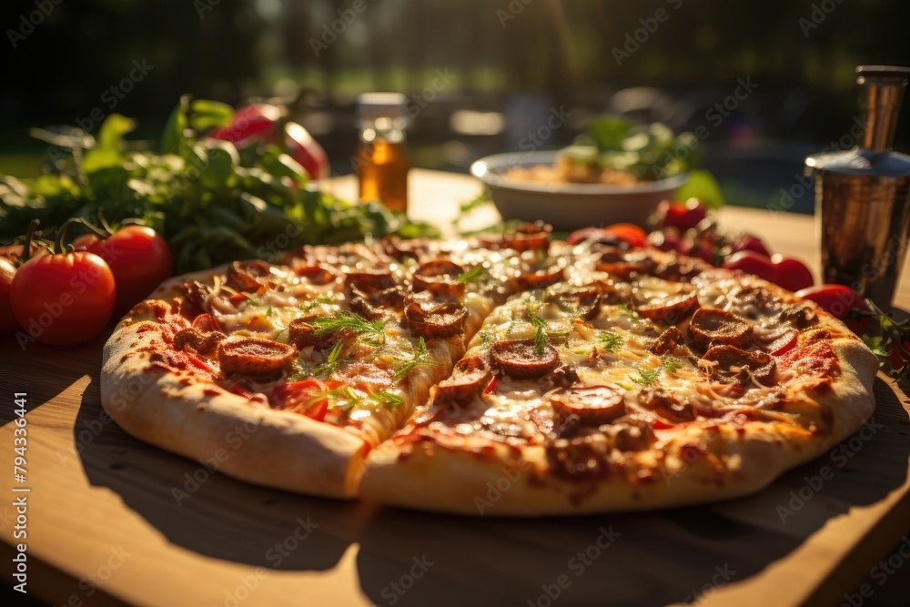 Delicious pizza in sunny picnic., generative IA