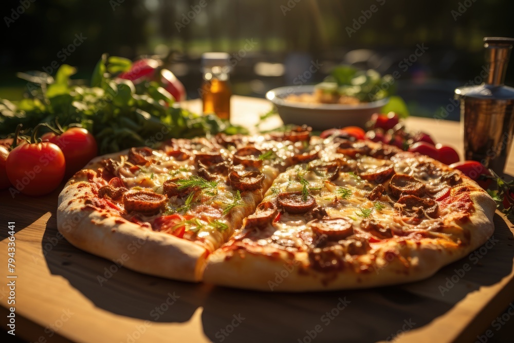 Delicious pizza in sunny picnic., generative IA Delicious pizza in sunny picnic., generative IA