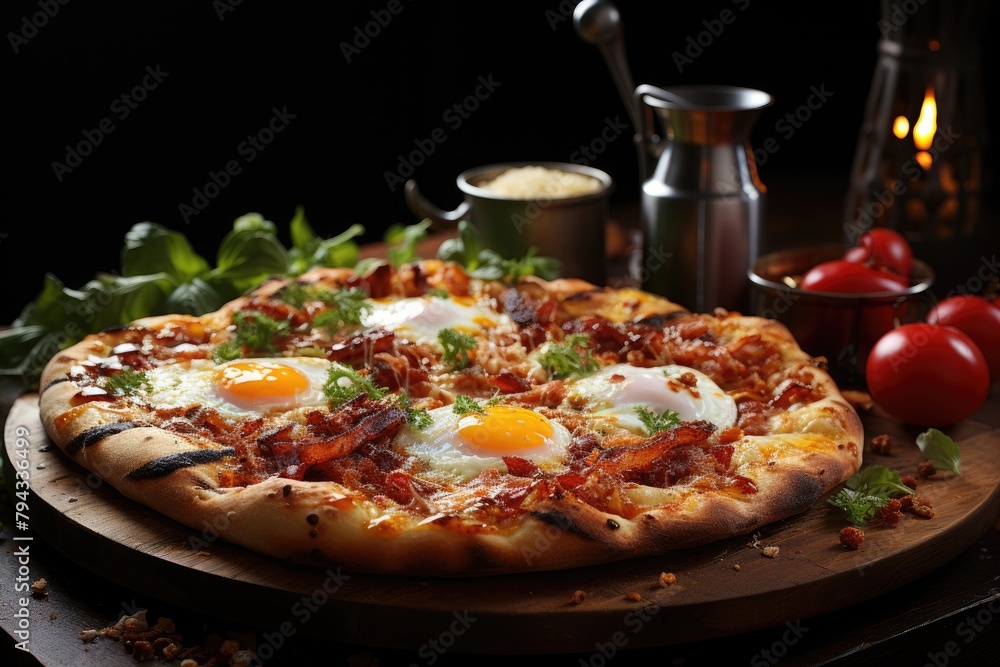 Breakfast pizza with eggs, bacon and cheese., generative IA