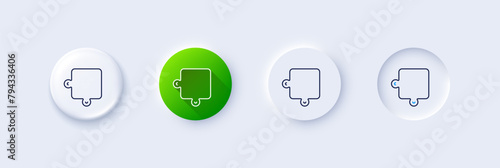 Puzzle piece line icon. Neumorphic, Green gradient, 3d pin buttons. Jigsaw game shape sign. Business strategy element. Line icons. Neumorphic buttons with outline signs. Vector