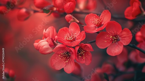 Closeup of Red Flowering Quince Blossom on Tree Branch in Spring Nature photo