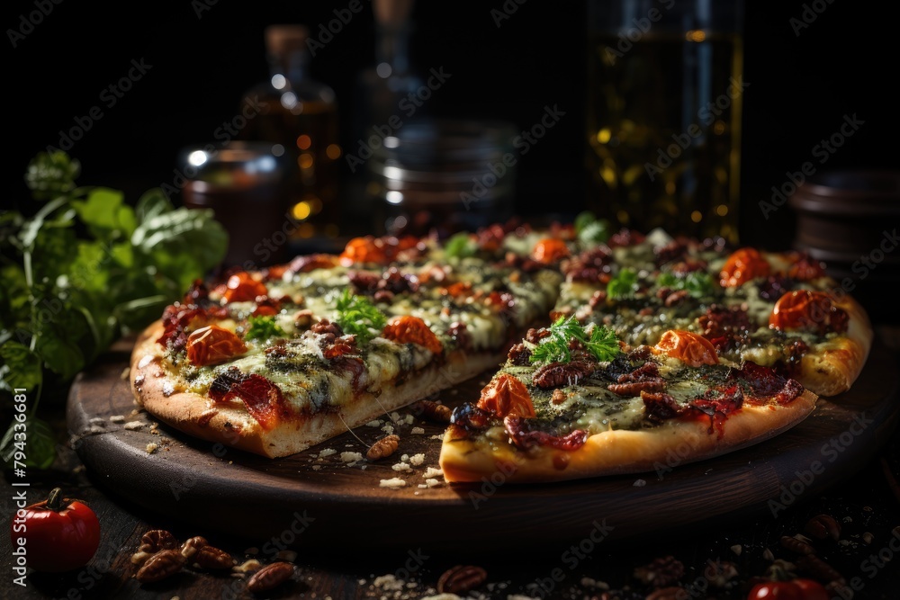 Pesto pizza, dry tomatoes and pine nuts an explosion of flavors., generative IA