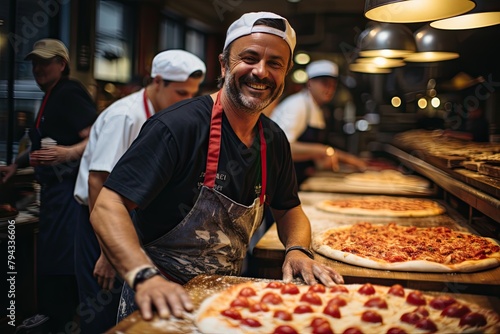 Pizzaiolo preparing pizza in traditional pizzeria., generative IA