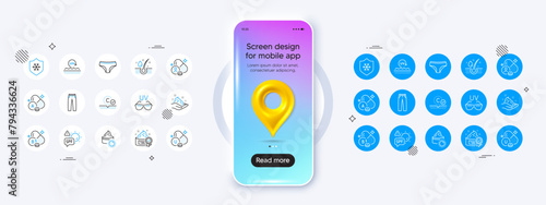 Phone mockup with 3d map pin icon. Spf protection, Collagen skin and Skin care line icons. Pack of Vitamin, Pantothenic acid, Sun cream icon. Vitamin a, Sunglasses, Pants pictogram. Vector
