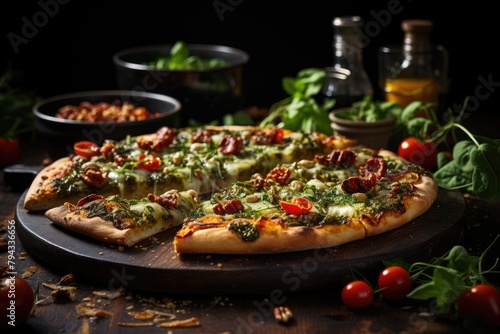 Pesto pizza, dry tomatoes and pine nuts an explosion of flavors., generative IA
