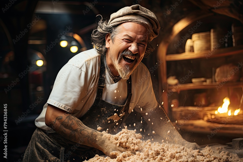 Skilled chef throwing pizza mass in the air., generative IA Skilled chef throwing pizza mass in the air., generative IA