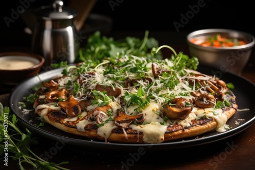 Wild mushroom pizza with truffled sauce. Delicious and sophisticated., generative IA