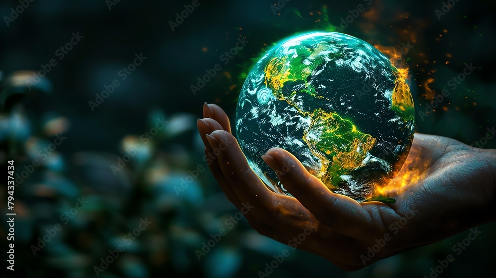 Hand holding a glowing earth, green continents highlighted, symbolizing global tech solutions for sustainability Hand holding a glowing earth, green continents highlighted, symbolizing global tech solutions for sustainability
