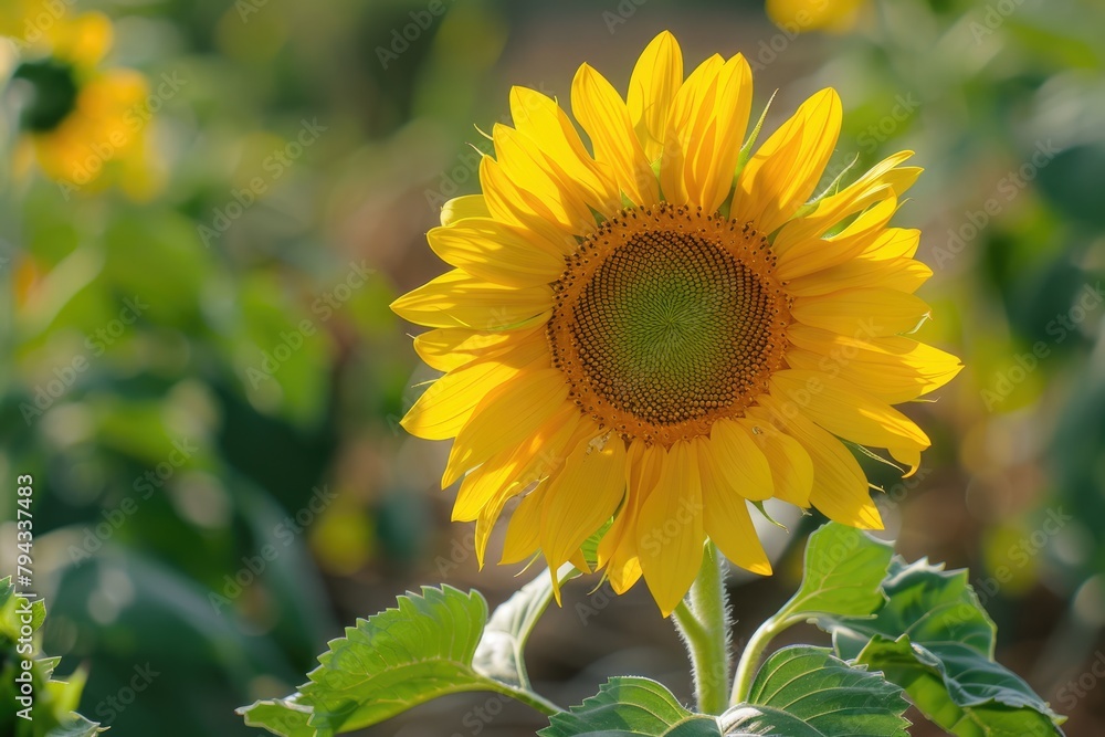 Fototapeta premium Yellow Sunflower Plant in the Countryside. Close-up of Green Leaves and Bold Flower Petals