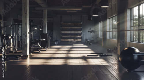 A gym with a lot of equipment and a large black ball