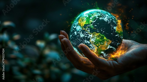 Hand holding a glowing earth, green continents highlighted, symbolizing global tech solutions for sustainability