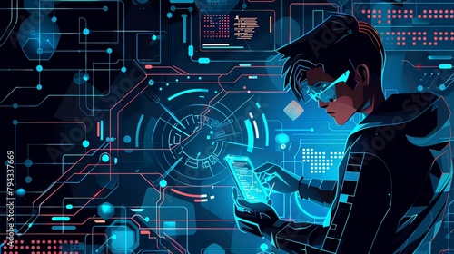 Hacker using smartphone to commit cybercrime. Digital art of futuristic hacking and cyber warfare. photo