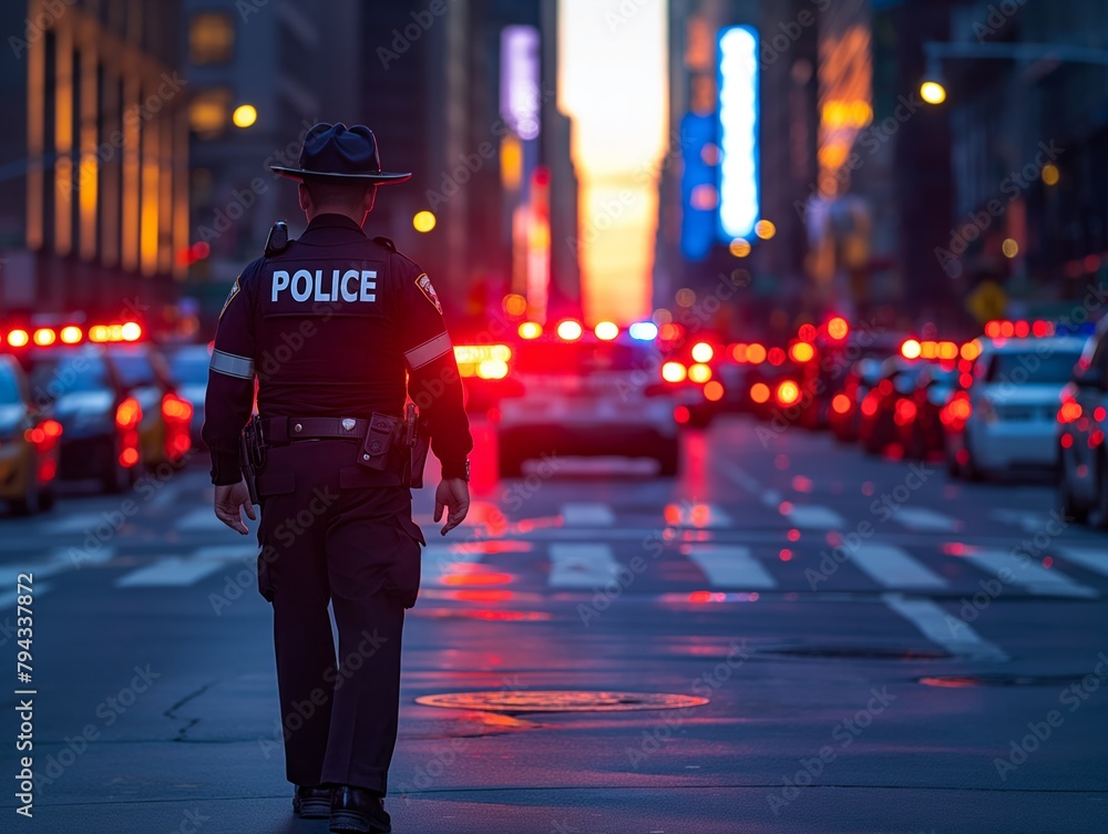 A police officer walks down a busy street with cars and traffic lights. The officer is wearing a hat and a badge that says