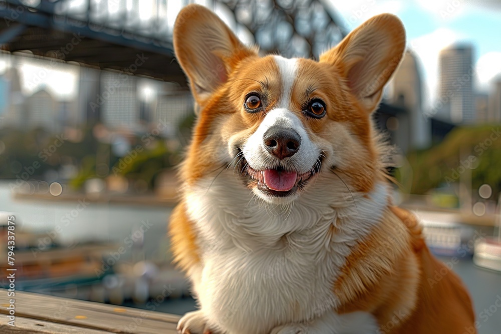 Charming Corgi Strikes a Pose on Sydney Harbor with Bridge in Background Charming Corgi Strikes a Pose on Sydney Harbor with Bridge in Background