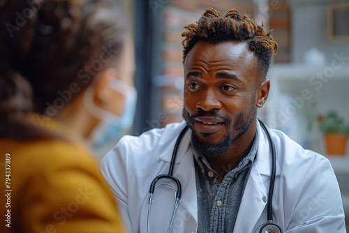 A medical professional educates the patient about the importance of vaccinations and helps them schedule necessary immunizations. Concept of vaccination education and promotion. Generative Ai. photo