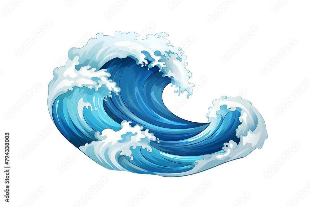 Stylized illustration of a vibrant blue ocean wave curling with dynamic motion and frothy detailsisolated on a transparent background. Generative AI