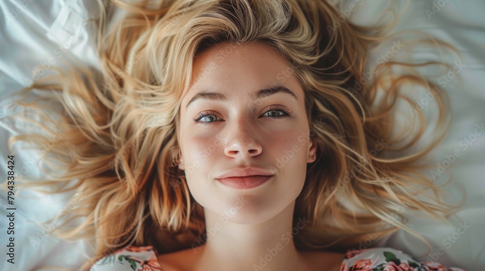 Top above high angle view photo of young blond girl happy positive smile lying down face up.