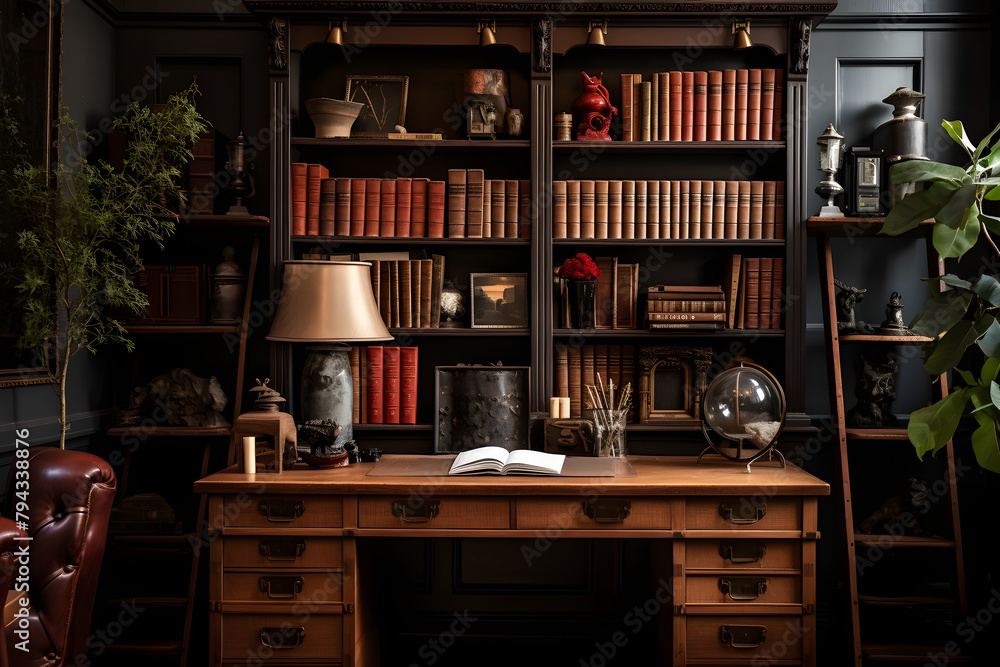 working room desk with globe, office, calssical officce with bookshelf and glbe working room desk with globe, office, calssical officce with bookshelf and glbe