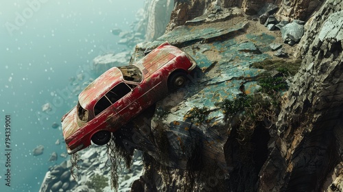 A car falls off a cliff in the mountains
