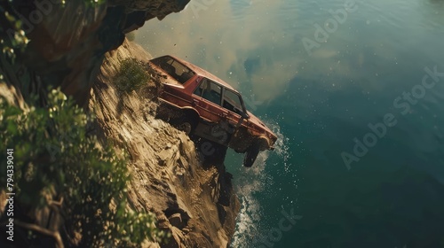 A car falls off a cliff in the mountains