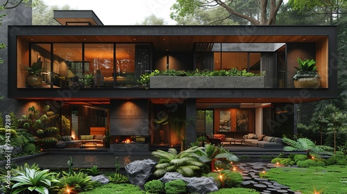 Modern luxury minimalist cubic house, villa with wooden cladding and black panel walls and landscaping design front yard. Residential architecture exterior.