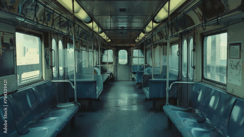 Obraz premium A subway train with empty seats and a sign on the wall