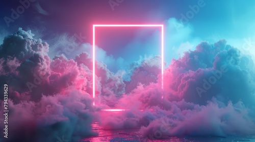 3d render, abstract minimal background, pink blue neon light square frame with copy space, illuminated stormy clouds.
