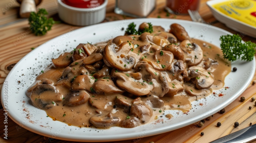 Promotional photo of beef stroganoff with mushrooms.