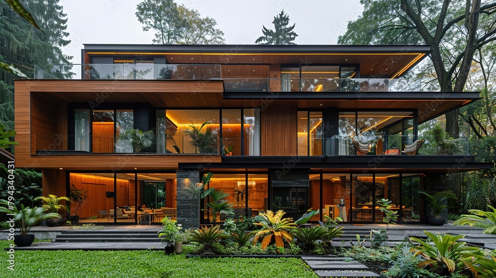 Modern luxury minimalist cubic house, villa with wooden cladding and black panel walls and landscaping design front yard. Residential architecture exterior. Modern luxury minimalist cubic house, villa with wooden cladding and black panel walls and landscaping design front yard. Residential architecture exterior.
