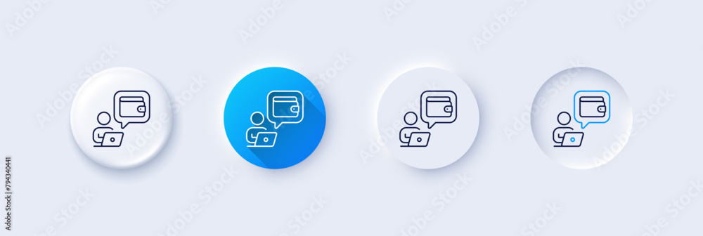 Wallet line icon. Neumorphic, Blue gradient, 3d pin buttons. Money online purse sign. Cash budget symbol. Line icons. Neumorphic buttons with outline signs. Vector Wallet line icon. Neumorphic, Blue gradient, 3d pin buttons. Money online purse sign. Cash budget symbol. Line icons. Neumorphic buttons with outline signs. Vector