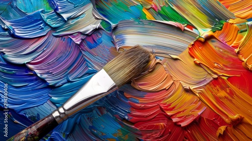 Paintbrush on colorful oil paint.