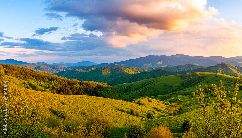 Green hills and clouds at sunset, summer scenery, panoramic view.