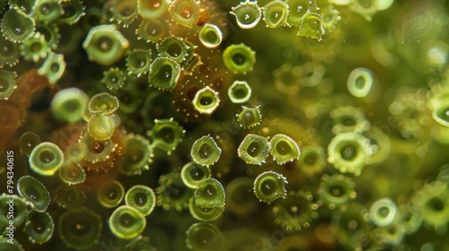An upclose look at a dense infestation of microalgae on the surface of an aquarium with the individual cells visible in various shades photo