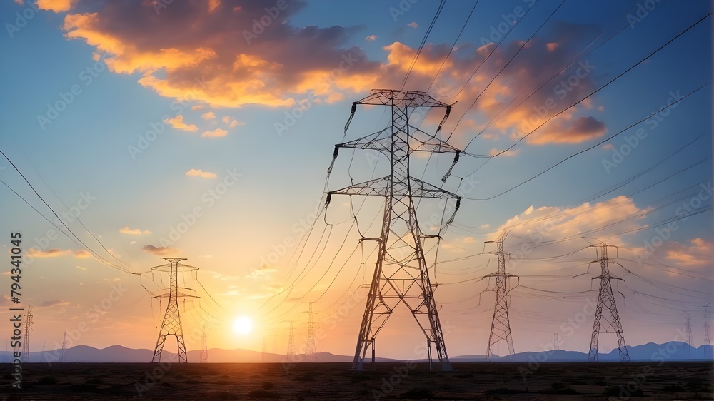 High voltage pylons provide sustained electricity transfer in the sunrise solar power idea.