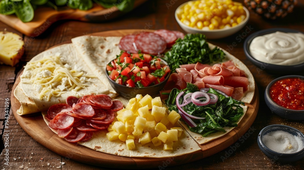 Food photography with fillings: salami, pineapple, onion, mushrooms, pepper, spinach, corn and ham. Food photography with fillings: salami, pineapple, onion, mushrooms, pepper, spinach, corn and ham.