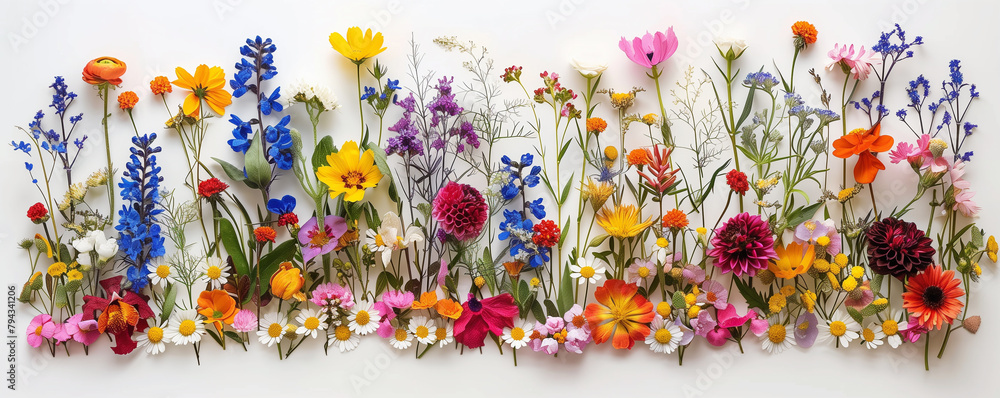 Colorful assortment of various flowers arranged on white background.