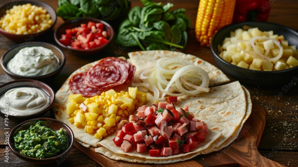 Food photography with fillings: salami, pineapple, onion, mushrooms, pepper, spinach, corn and ham.