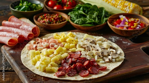 Food photography with fillings: salami, pineapple, onion, mushrooms, pepper, spinach, corn and ham.