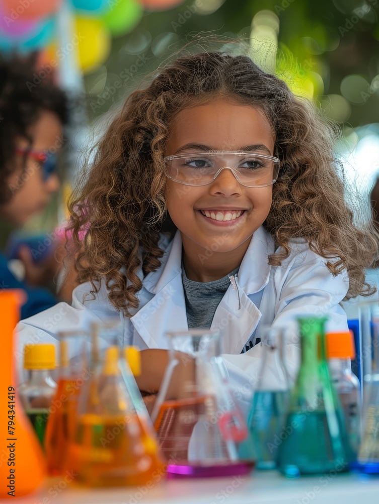 The Science Day event featured diverse scientists from multiple ethnicities donning lab coats, conducting experiments in a bustling lab filled with colorful test tubes and beakers The Science Day event featured diverse scientists from multiple ethnicities donning lab coats, conducting experiments in a bustling lab filled with colorful test tubes and beakers