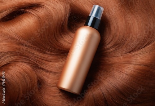 Top view of golden bottle of cosmetic product on red curls. Hair coloring and salon professional care. Ai generation