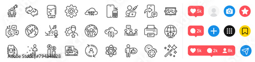 Refresh, Electricity and Quick tips line icons pack. Social media icons. Image carousel, Magistrates court, Atom web icon. Cloud sync, Magic wand, Brand ambassador pictogram. Vector