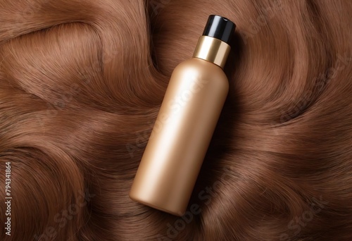 Top view of golden bottle of cosmetic product on brown curls. Hair coloring and salon professional care. Ai generation