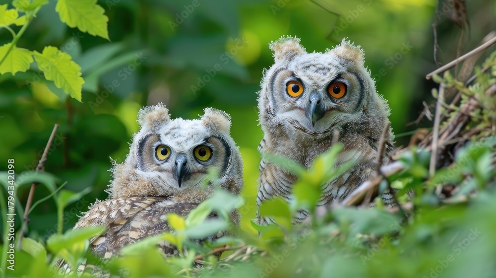 Obraz premium Eurasian Eagle Owls exploring nature outside their nest in the grass A young white owl is venturing outside for the first time